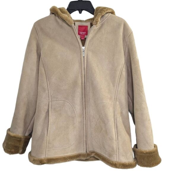 Esprit Vintage Y2K camel shearling faux suede hoodie zip front jacket coat M - Picture 1 of 10